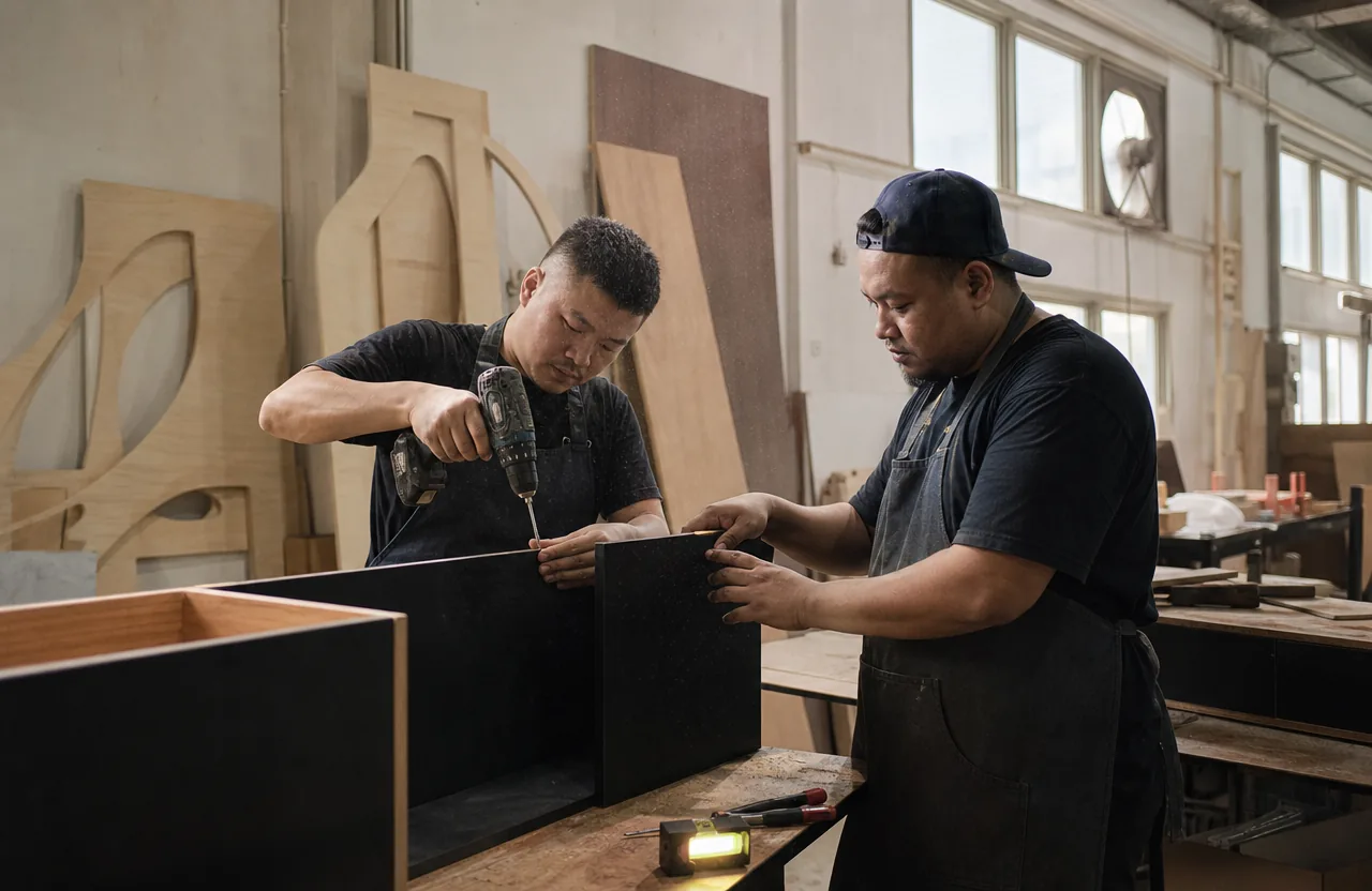 Singapore exhibition stand builders fabricating custom matte-black and wood booth components in the workshop