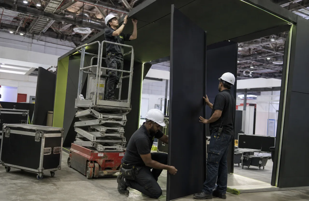 Singapore exhibition stand contractor crew installing a custom trade show booth during exhibition hall build-up