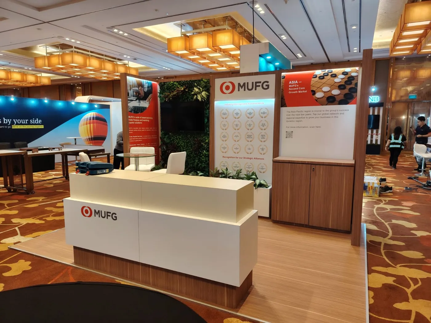 Financial services exhibition stand with reception counter